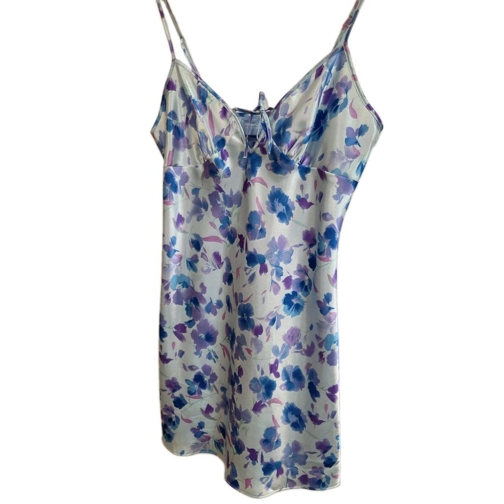 VTG Y2K Satin Nightgown Chemise Lingerie Slip Dress Size Medium Icy Blue Purple